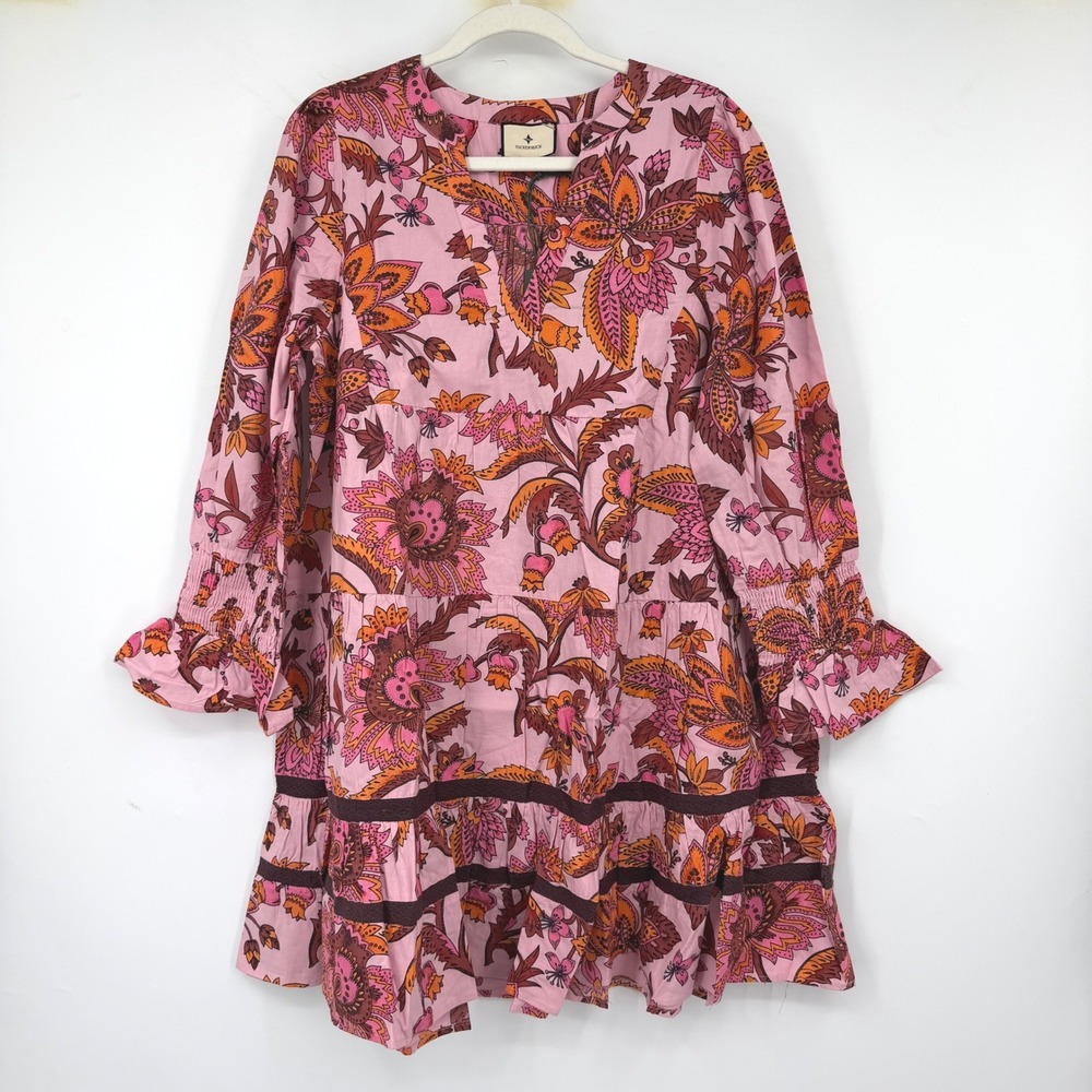 Tuckernuck‎ Pink Ornate Chintz Dress Large Floral Tiered Mini Fairy Boho Indie